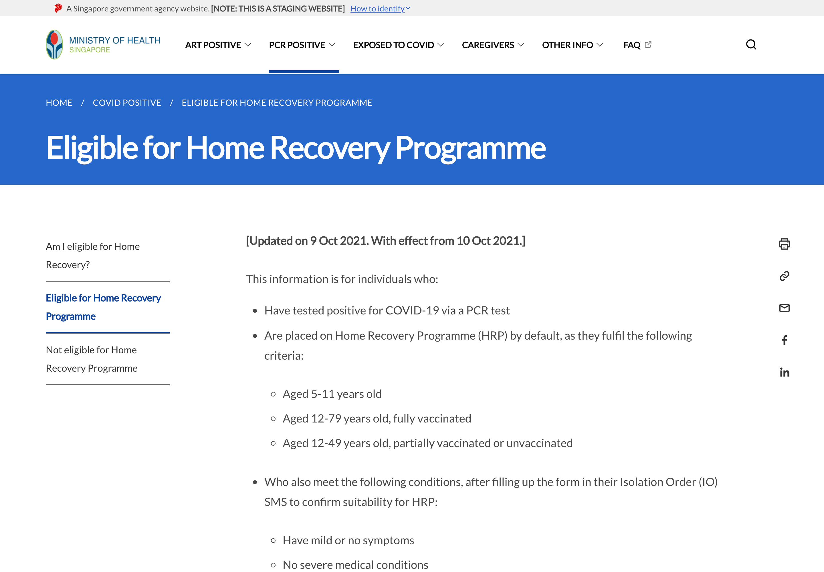 A screenshot of the page on Eligibility for the home recovery programme